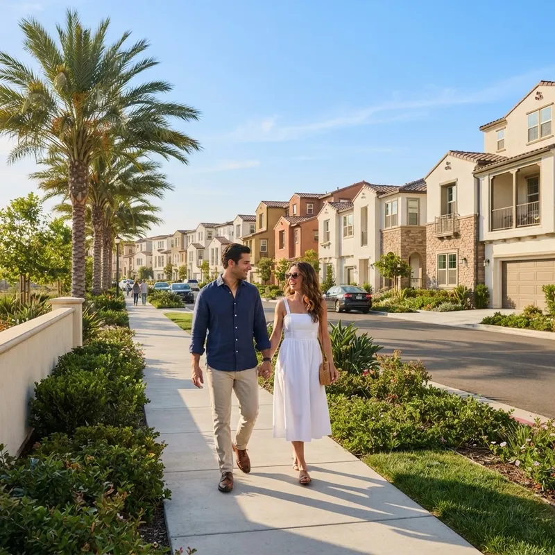 A couple walking through a modern suburban community