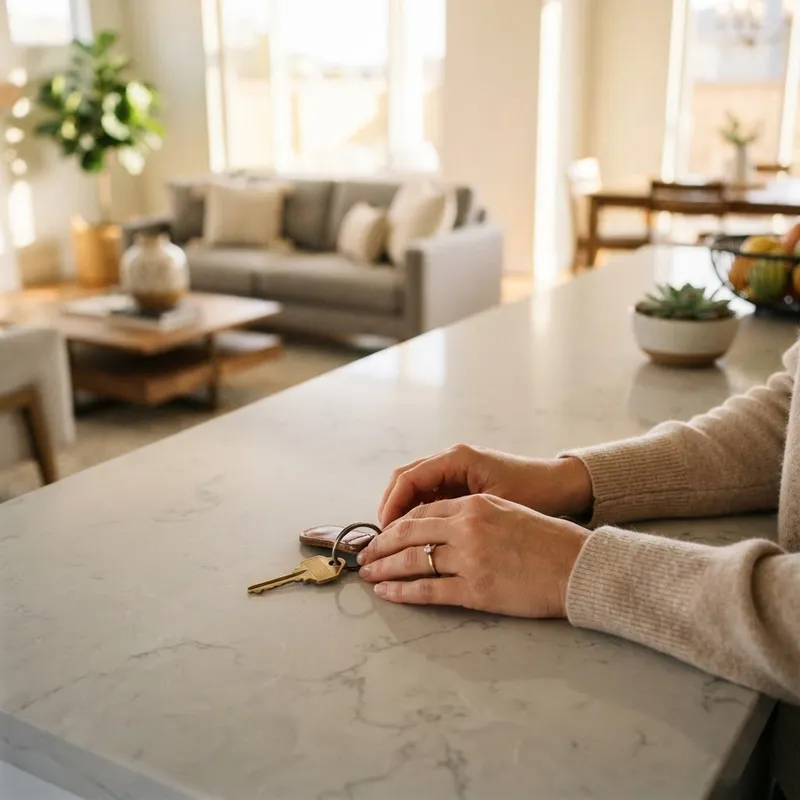 A person holding a house key in a new home