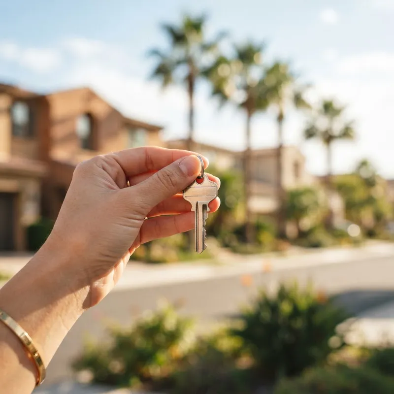 Close up of a house key with suburban background