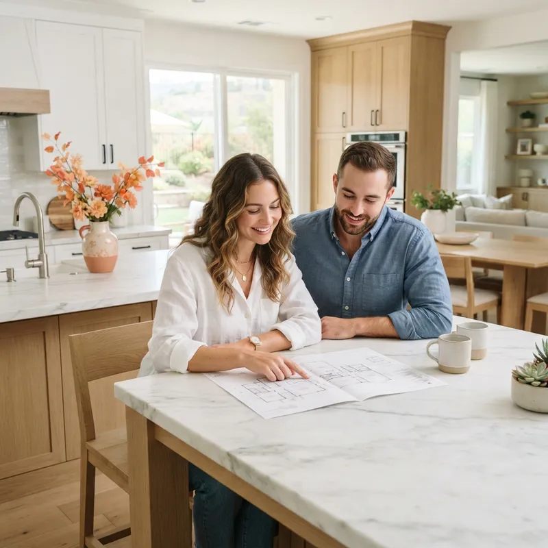 Couple reviewing floor plans in a modern kitchen