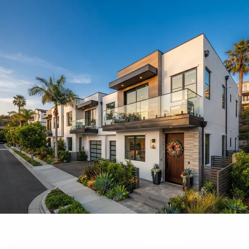 Modern SoCal new construction townhome exterior at sunset