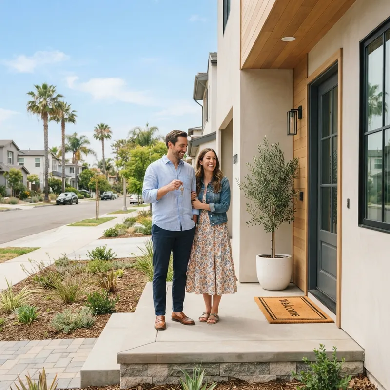 A couple standing on the porch of a new home