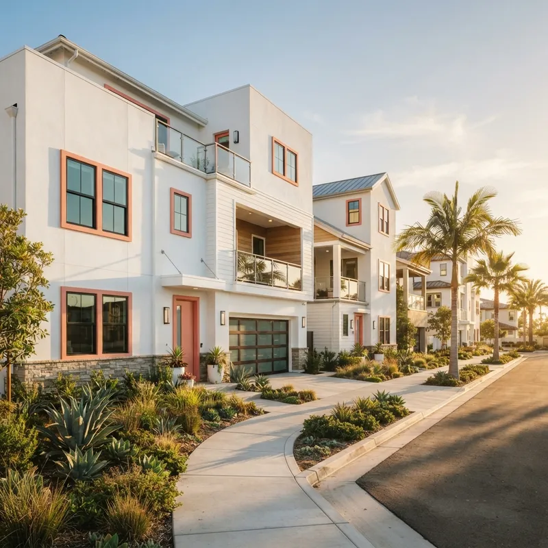Modern new construction townhomes in bright sunlight