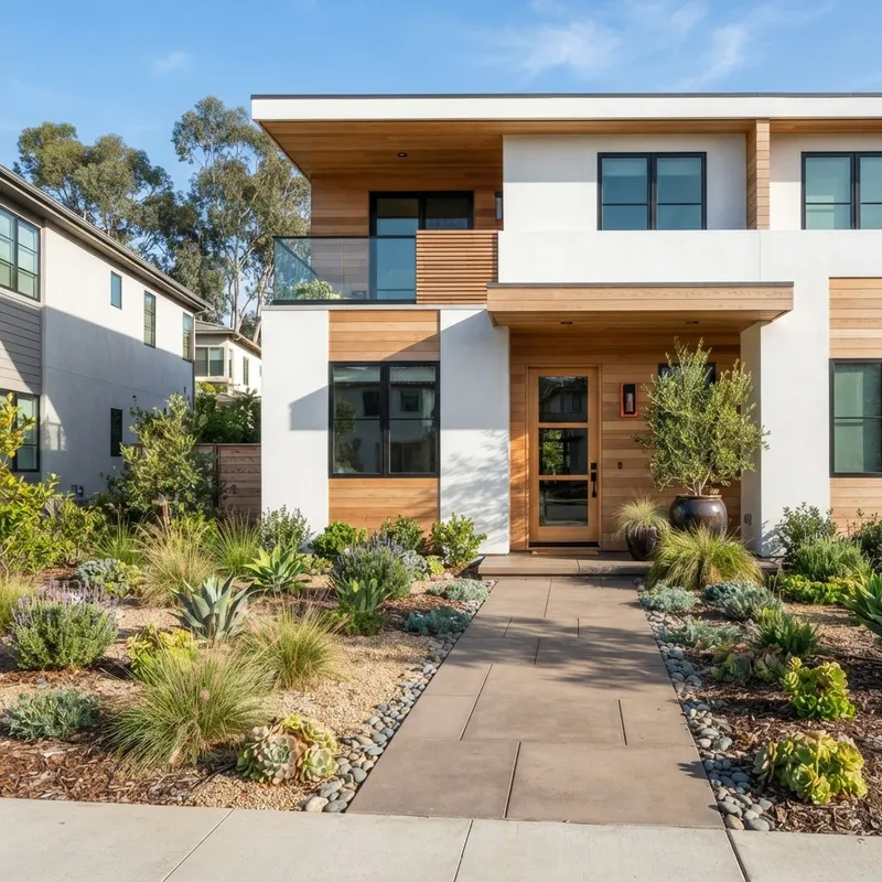 Exterior view of modern California townhome
