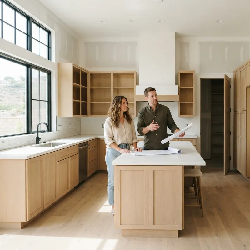 A couple discussing modern kitchen finishes in a new home