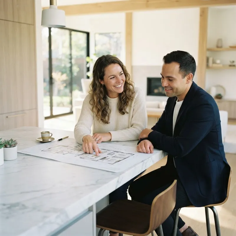Two people reviewing home design plans at a kitchen island