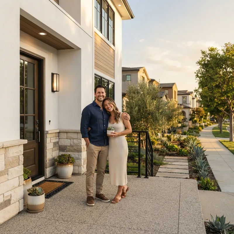 A couple standing on the porch of a new modern home