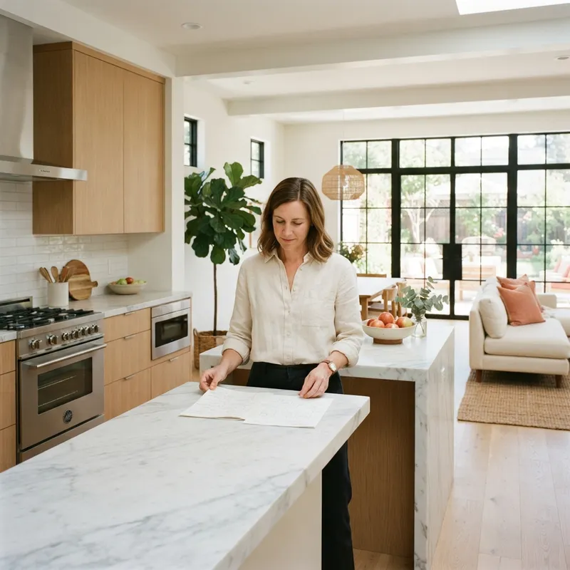 A person reviewing house documents in a modern kitchen