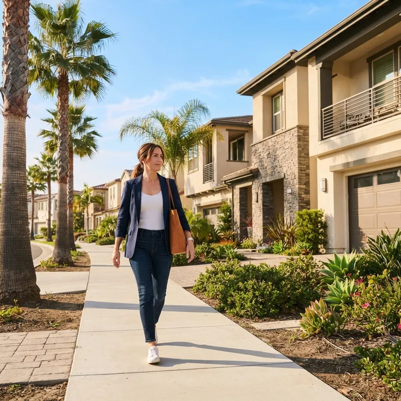 A person walking through a new Southern California residential community