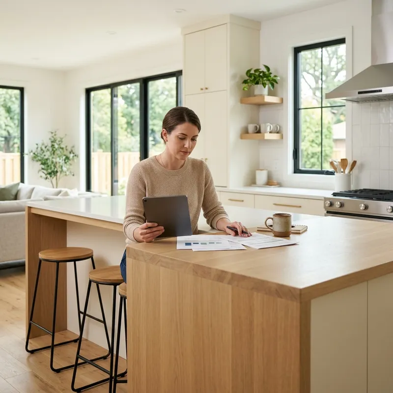 Buyer reviewing costs on tablet at new home