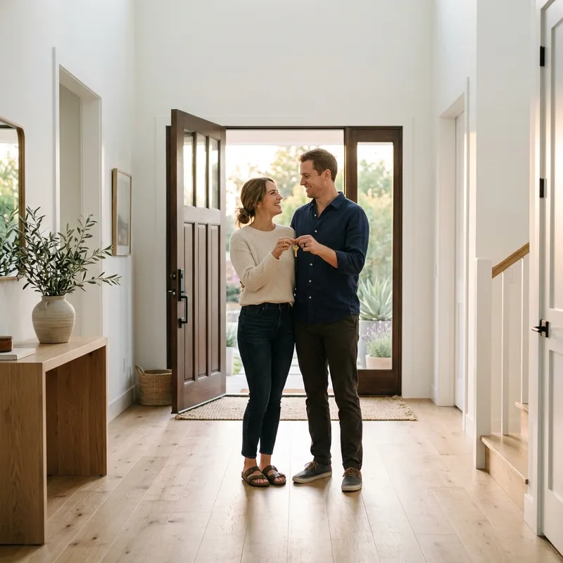 Couple holding key at newly built home entry