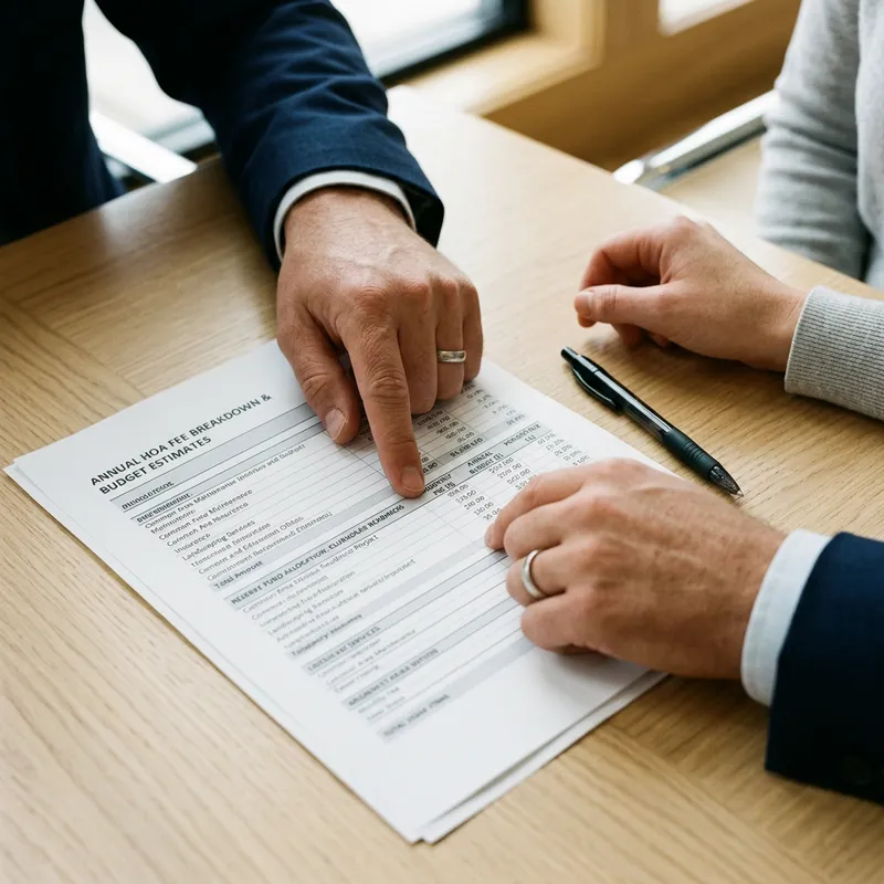 Buyer and advisor reviewing HOA fee breakdown together