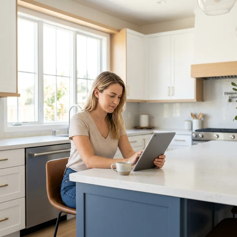 Buyer reviewing HOA documents at new home kitchen island