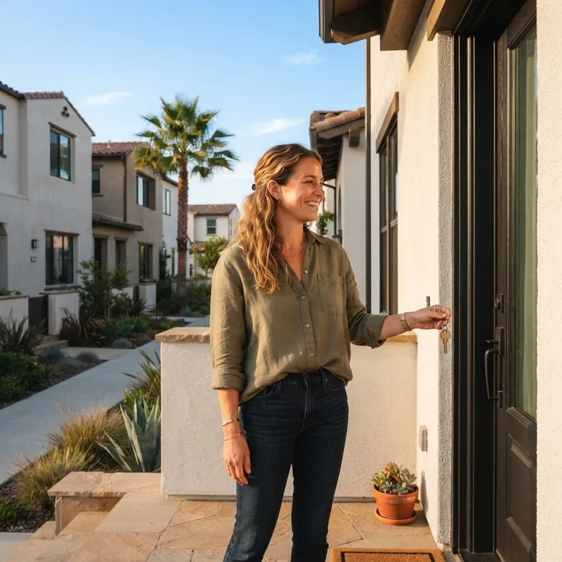 New homeowner holding a key in front of a modern home