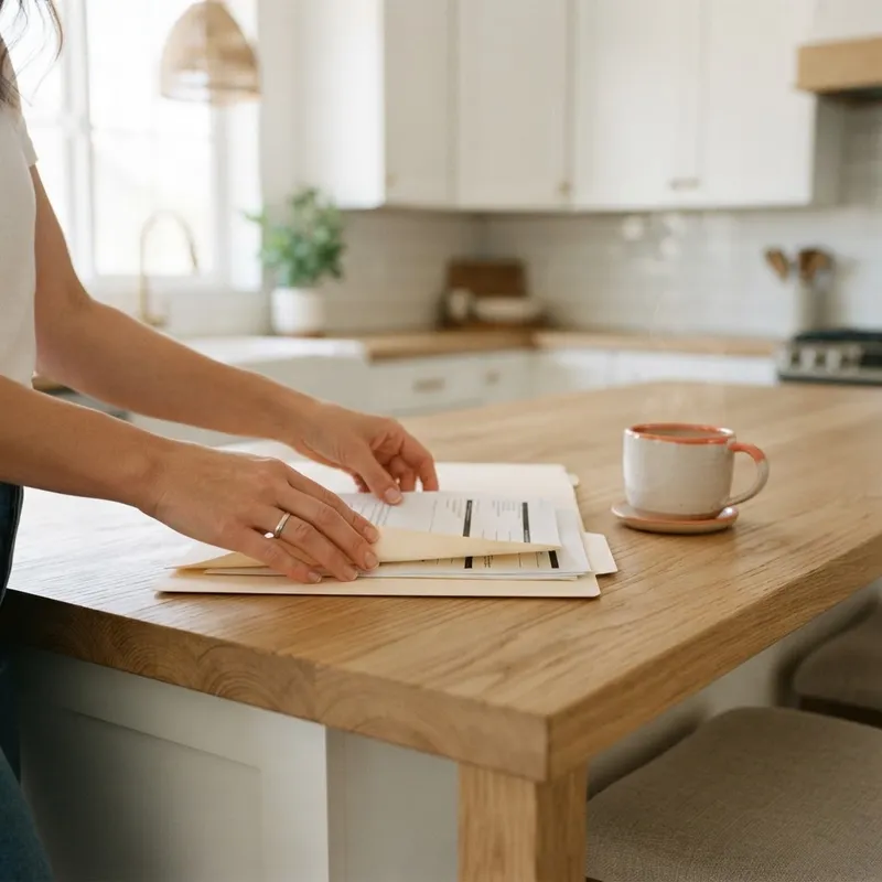 Organized closing documents on a modern kitchen island