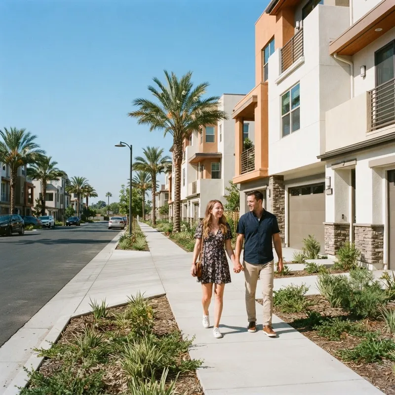 Couple walking toward a new construction home