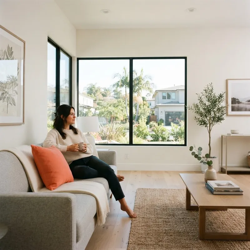 A person relaxing on a sofa in a bright modern Southern California living room