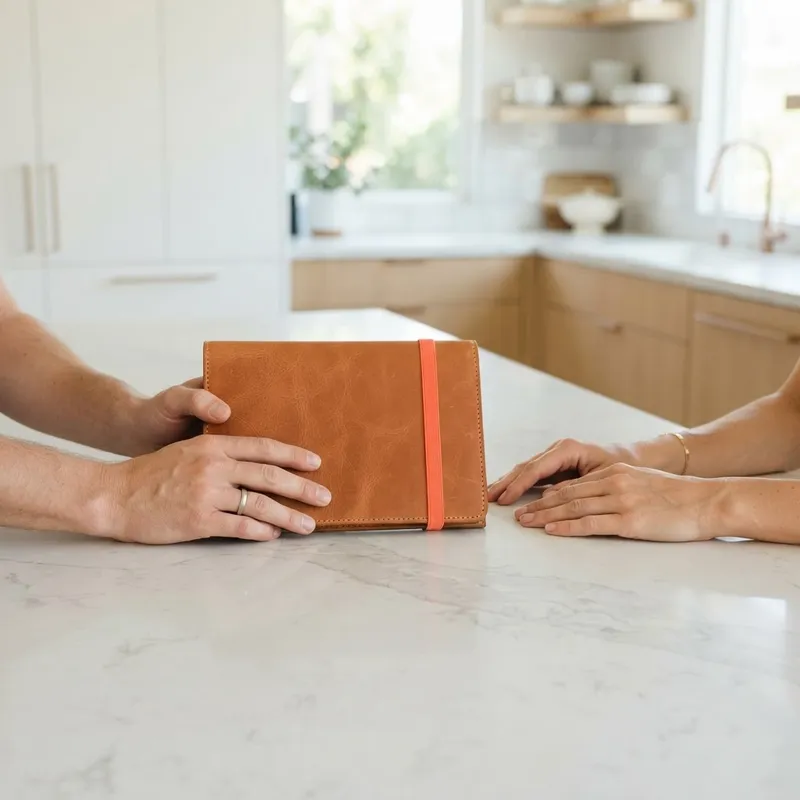 Hands resting on a clean kitchen island with a coral orange accented folder