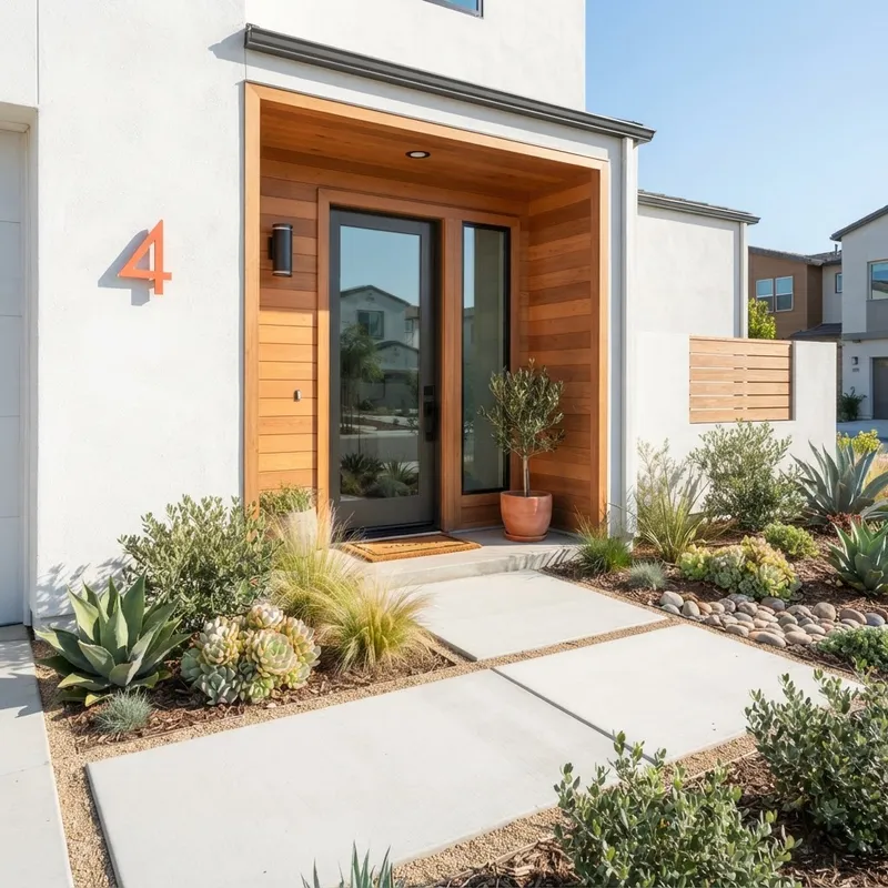 Modern exterior architectural detail of a new home with coral orange accents