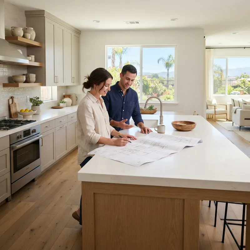 A couple reviewing home documents in a bright new kitchen