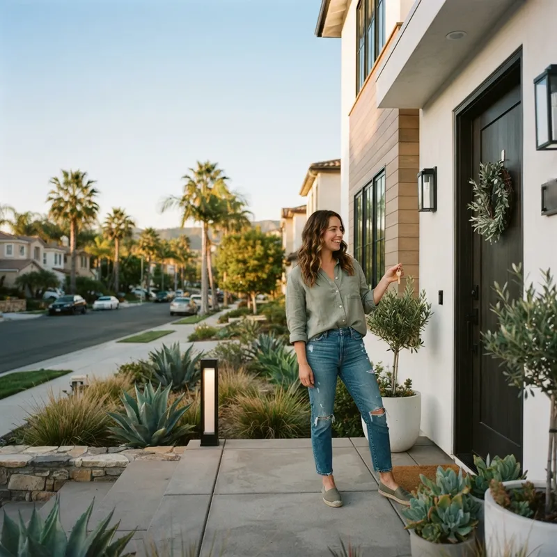 A new homeowner holding a key in front of a new house