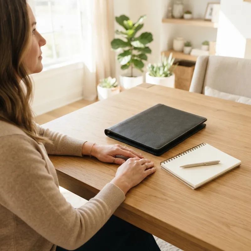 A person sitting at a desk reflecting on a home purchase