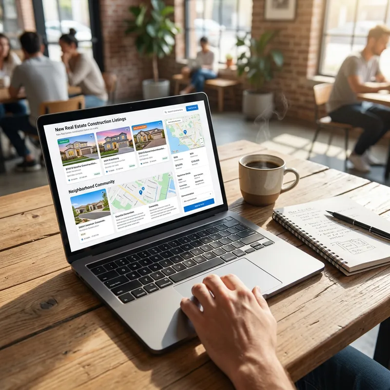 Buyer researching new construction listings on laptop