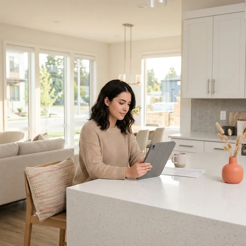 Buyer reviewing documents at new construction kitchen island