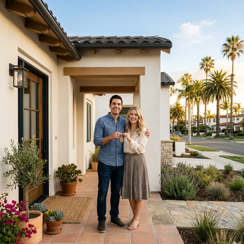 Couple holding key on new construction home doorstep