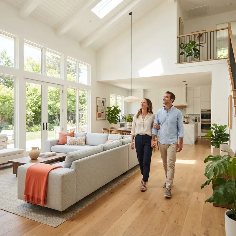 Couple exploring a modern sunlit home