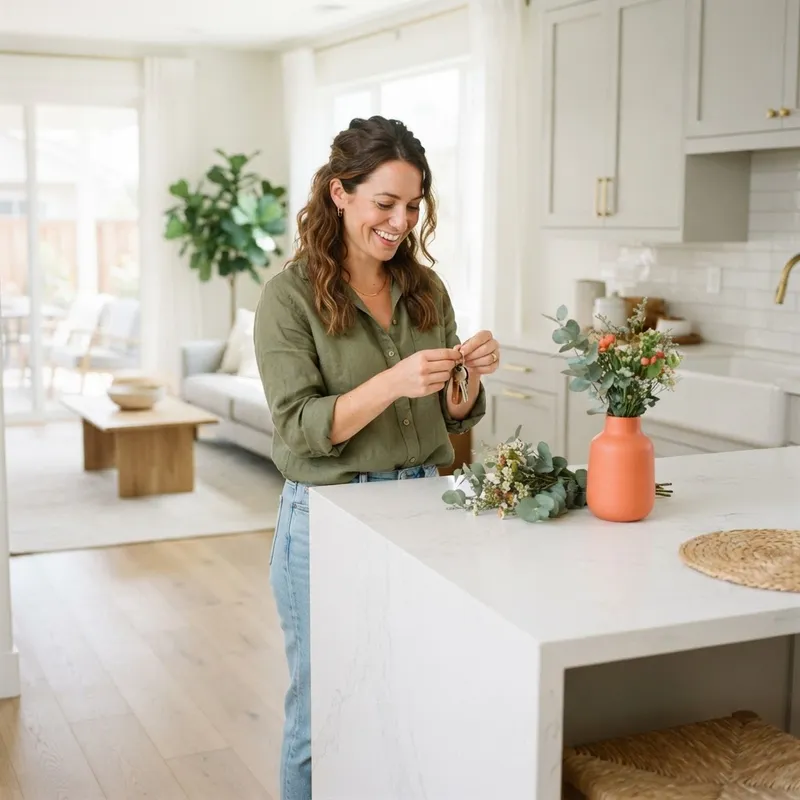 Woman holding keys in a bright new kitchen