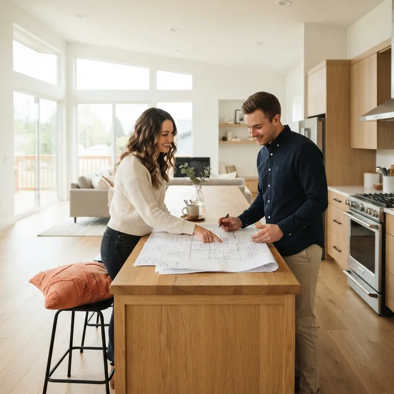 Couple reviewing floor plans in a modern kitchen