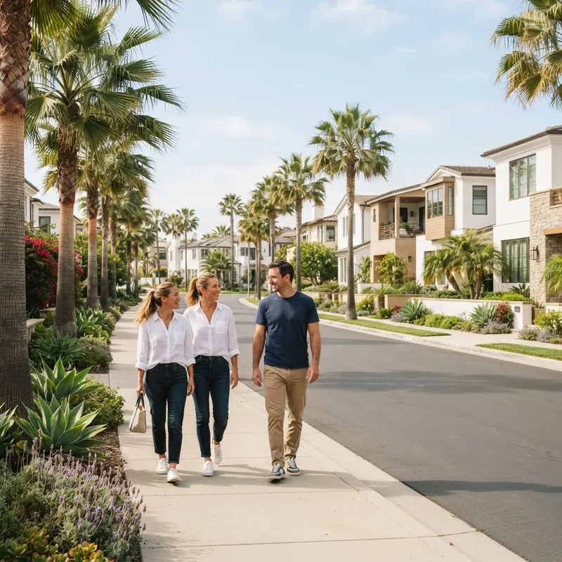 Couple walking along a quiet sun-drenched suburban street