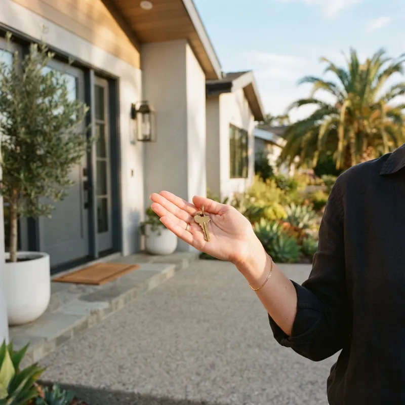 Hand holding a house key in front of a new home
