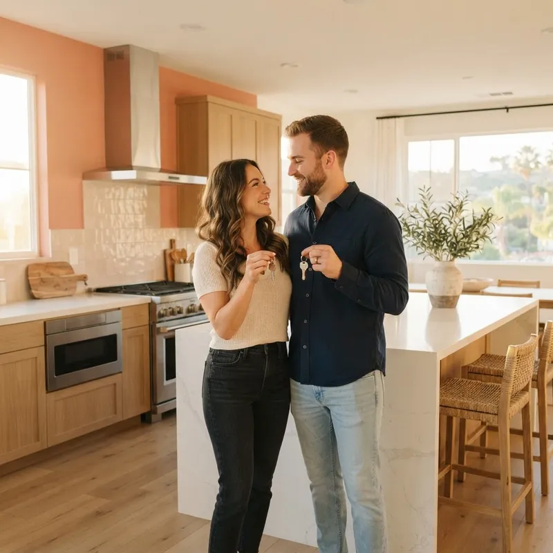 Couple standing in a modern new home kitchen holding keys