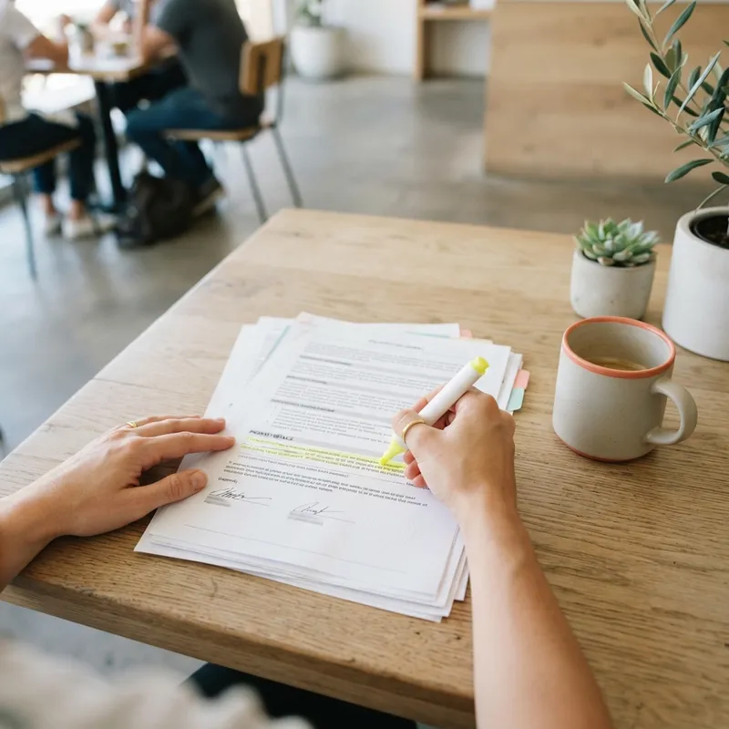 Hands reviewing real estate documents with a highlighter
