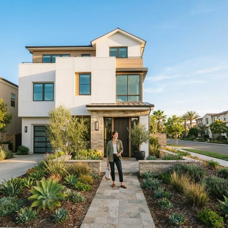 Modern newly built townhome under a clear blue sky