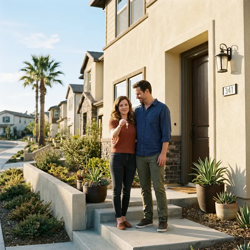 Couple holding key at new home entrance