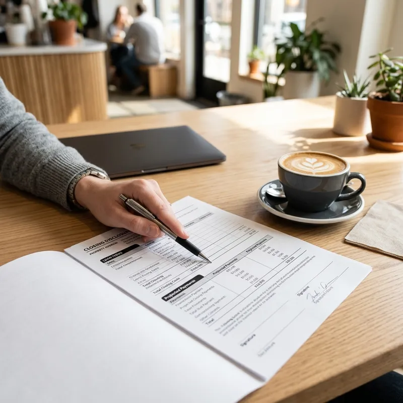 Hand pointing at closing document with laptop