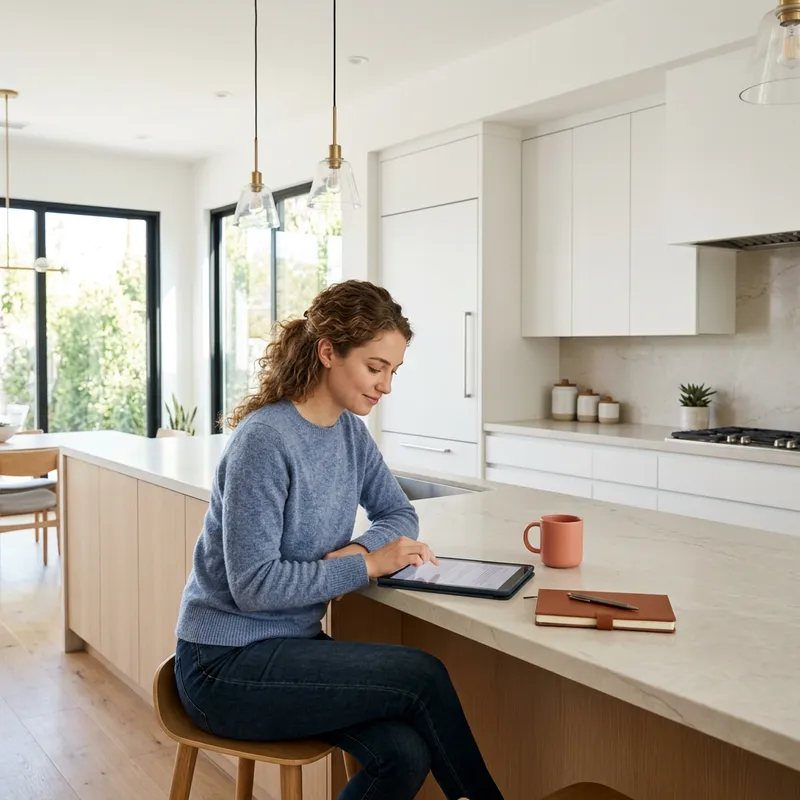 Woman reviewing documents at new kitchen island