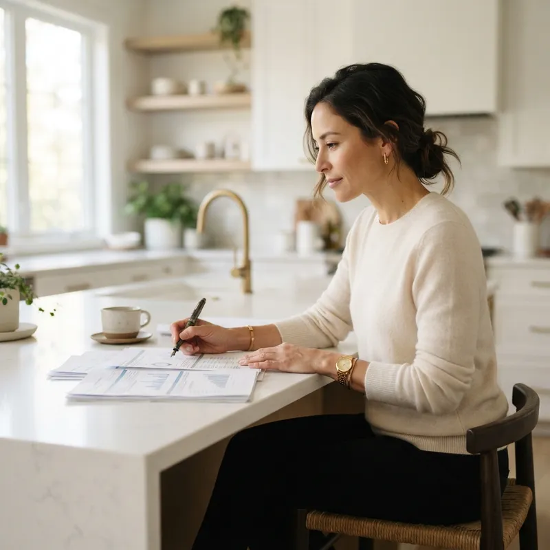 A home buyer carefully reviewing property documents at a kitchen island