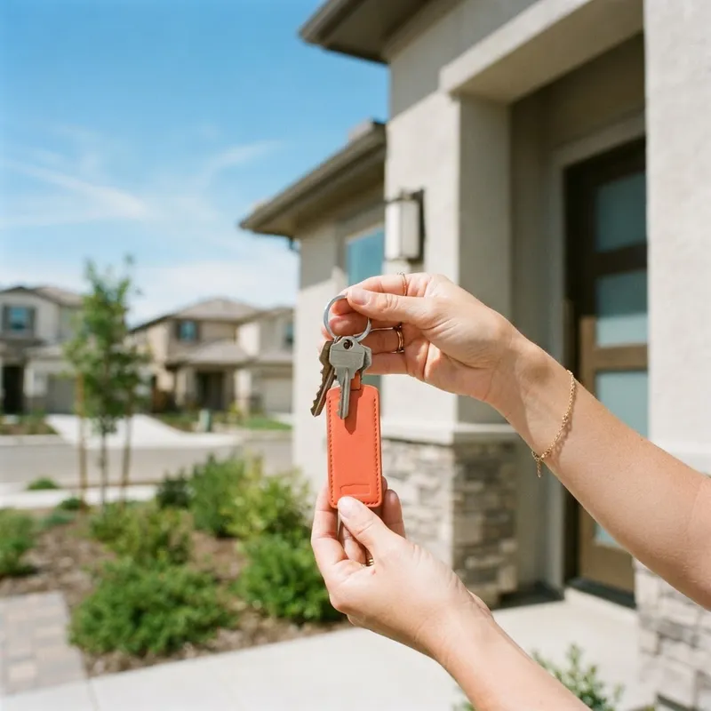 Close up of keys held in front of a new home