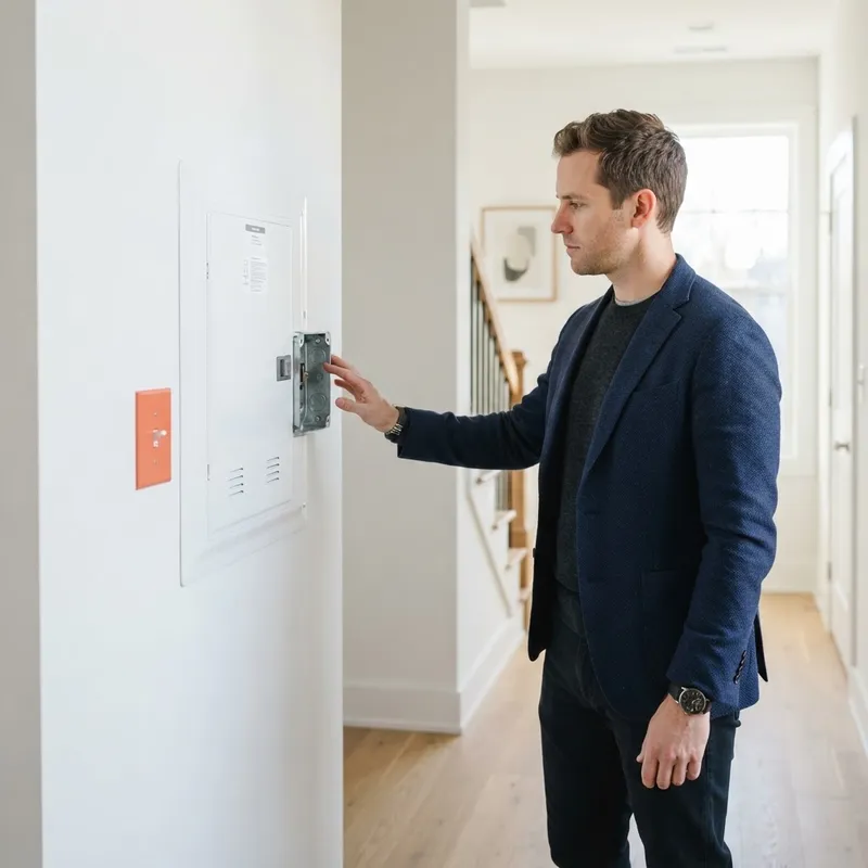 Homeowner inspecting utility area in a new home