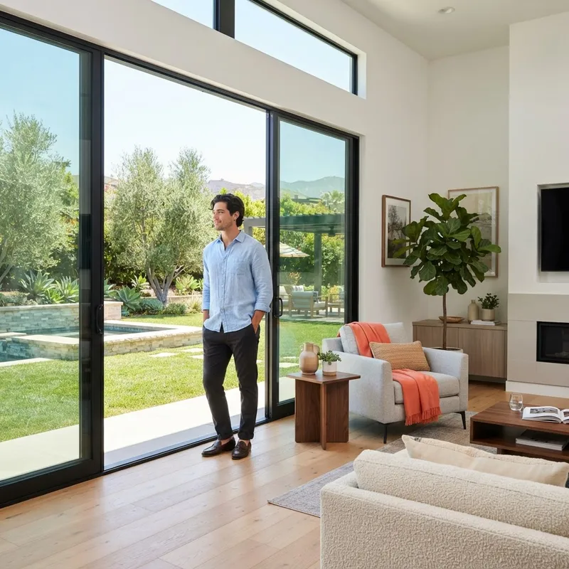 Man standing in a bright new construction living room