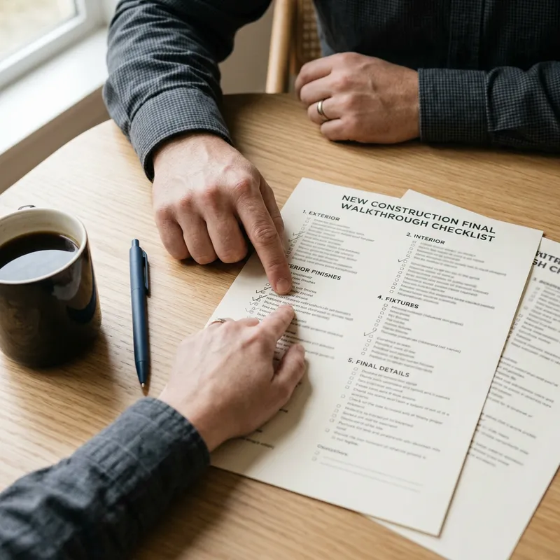 Buyer reviewing new construction checklist with pen