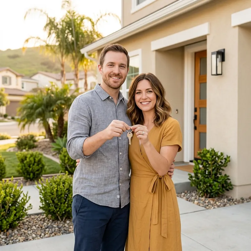 Couple holding key on new construction home doorstep