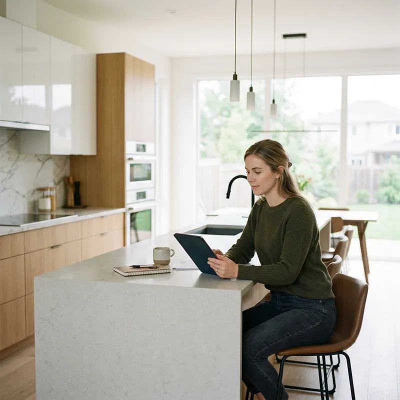 Woman reviewing new construction documents at kitchen island