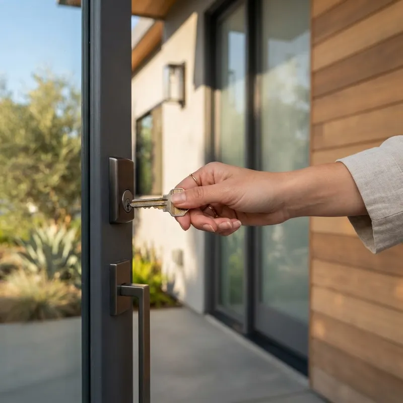 Close up of a house key held in front of a new home