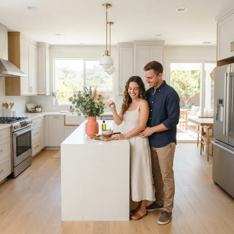 Couple holding new house keys in a bright modern kitchen