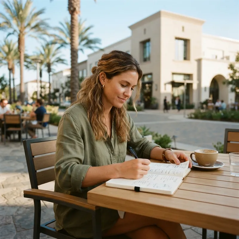 Person reviewing planning notes at an outdoor cafe table